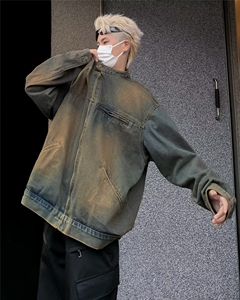 高级炸街vibe牛仔外套男士痞帅复古春秋季水洗做旧立领夹克-Q2970图片