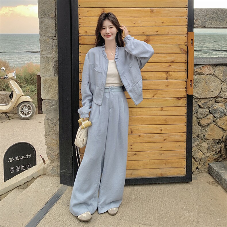 蓝色休闲套装女2025春季新款韩系甜美减龄木耳边外套阔腿裤两件套图片