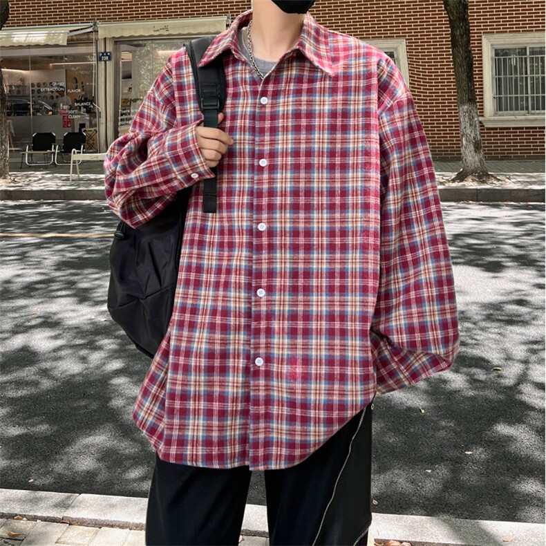 C5070/P40秋装新款格子衬衫男士衬衣外套休闲大码宽松港味上衣,男装衬衫,电商A141