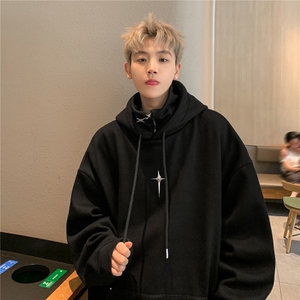欧美潮牌hiphop假两件半拉链连帽冲锋卫衣男加绒i人社恐忍者秋冬图片