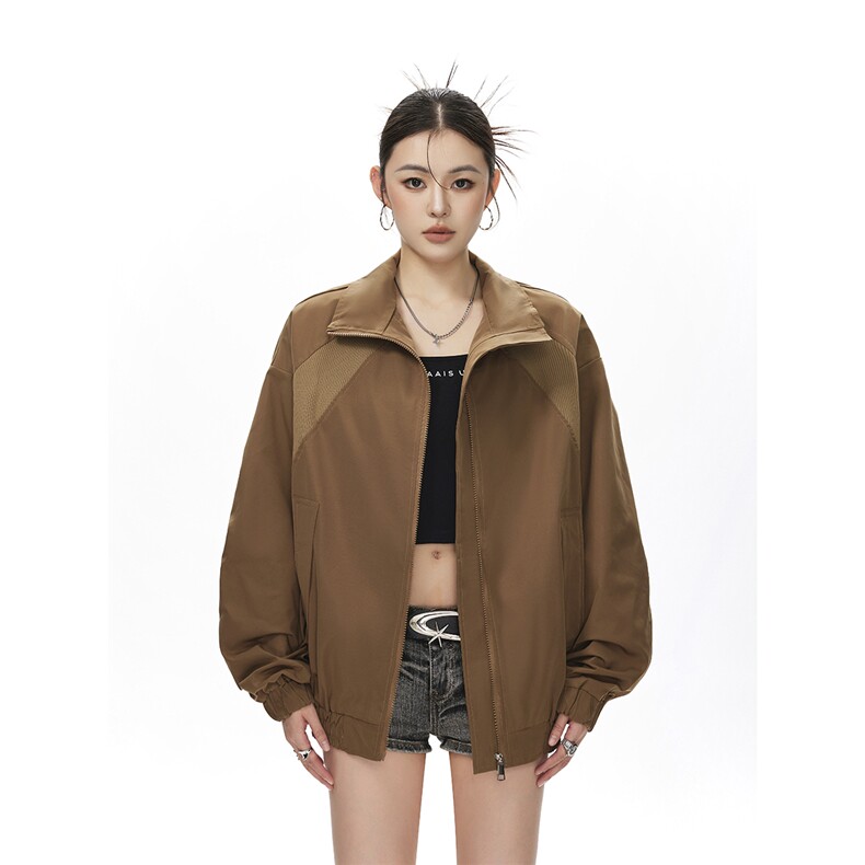 美式罗纹拼接袖子褶皱大码M-5XL教练夹克女JK78056P69控105,男装夹克,星座227-7