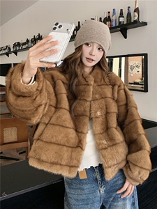 现货210-7705-P185-K268高端仿水貂立领皮毛一体外套女士图片