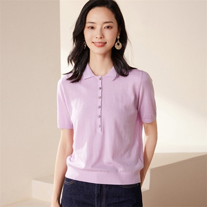 夏季新款Polo领精纺针织短袖女宽松纯色多扣T恤上衣图片