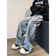 港风秋款男牛仔裤三条杠条纹渐变色宽松直筒休闲长裤NK951P55，男装牛仔裤，星座1013-1