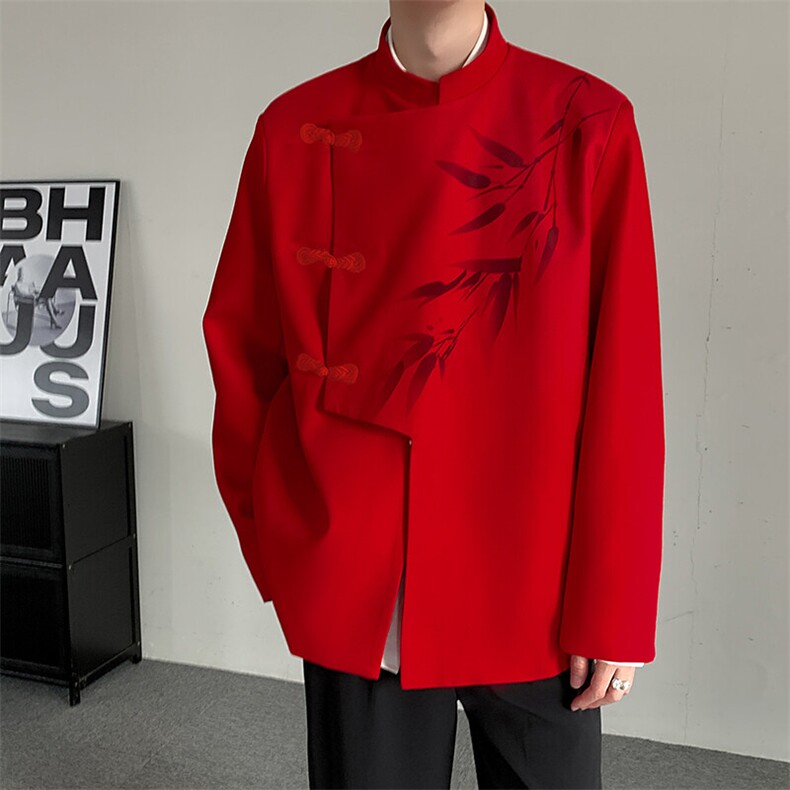 本命年红色新中式改良中山装复古立领盘扣男女演出活动西装外套,男装西服,星座909