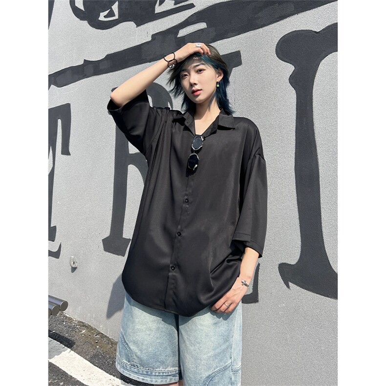 港风大码网红凉感宽松翻领短袖衬衫男女XZ213-CS8804-P35控58,男装衬衫,星座213