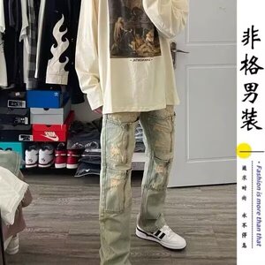 牛仔裤男春秋款潮牌宽松破洞设计感小众水洗做旧工装直筒裤子图片