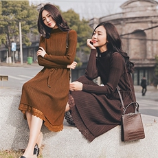 长袖中长款2021年春季套头松紧腰圆领针织连衣裙韩版百搭宽松，女装连衣裙，奕阳依阁