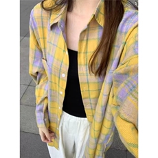 韩版复古黄色格子长袖衬衫女2025春夏百搭休闲设计感显白宽松上衣，男装衬衫，星座1210-1