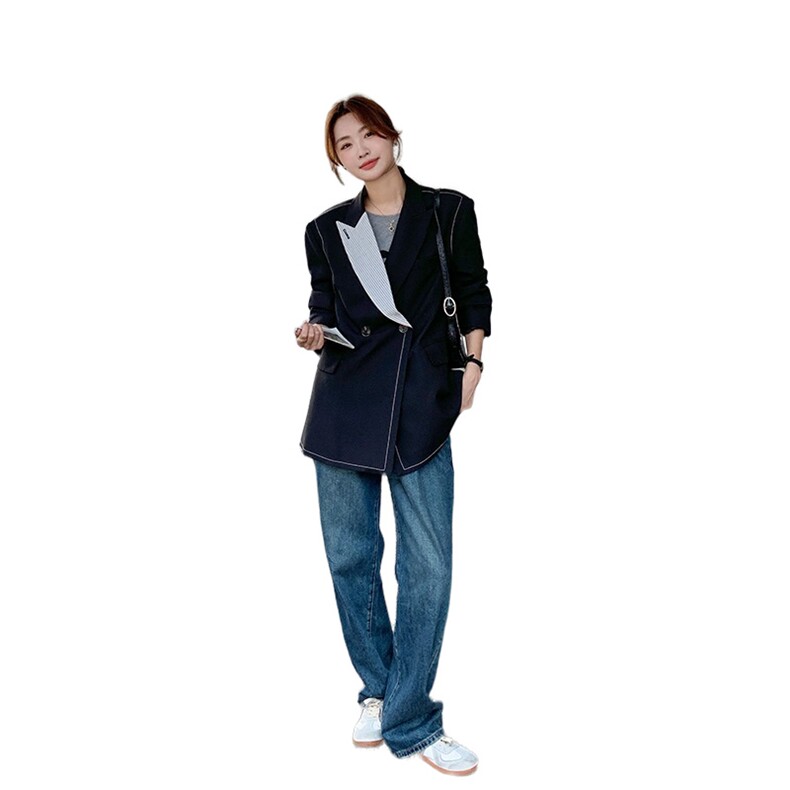 条纹拼接黑色西装外套女春秋2025新款高级感通勤气质休闲西服爆款,女装西装,浙宝285（原212）