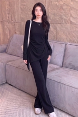 女春秋高级感穿搭一整套时尚气质套装不规则长袖上衣微喇裤两件套，女装套装/套裙，江南