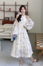 2025年夏季水墨竹叶印花裙大摆裙灯笼袖文艺复古宽松腰，女装连衣裙，诺蝶