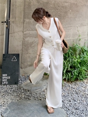 白色设计感蕾丝拼接马甲套装女2025夏季新款韩系休闲阔腿裤两件套，女装套装/套裙，慧尚2-185
