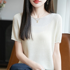 圆领短袖t恤女2025夏季新款洋气漂亮独特上衣高级感针织纯色半袖，女装T恤，菲奥羊绒