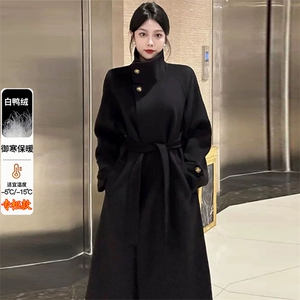 黑色羽绒内胆毛呢外套女长款2025冬季新款时尚加厚赫本风呢子大衣图片