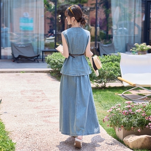时尚牛仔套装裙女2025夏新款韩系显瘦气质无袖上衣半身裙两件套图片
