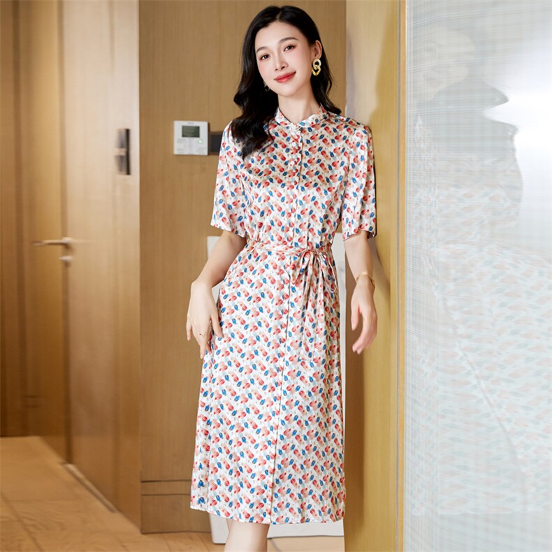 端庄大气碎花真丝连衣裙女中长款夏季2024新款超好看桑蚕丝裙子夏,女装连衣裙,阿舍尔精品