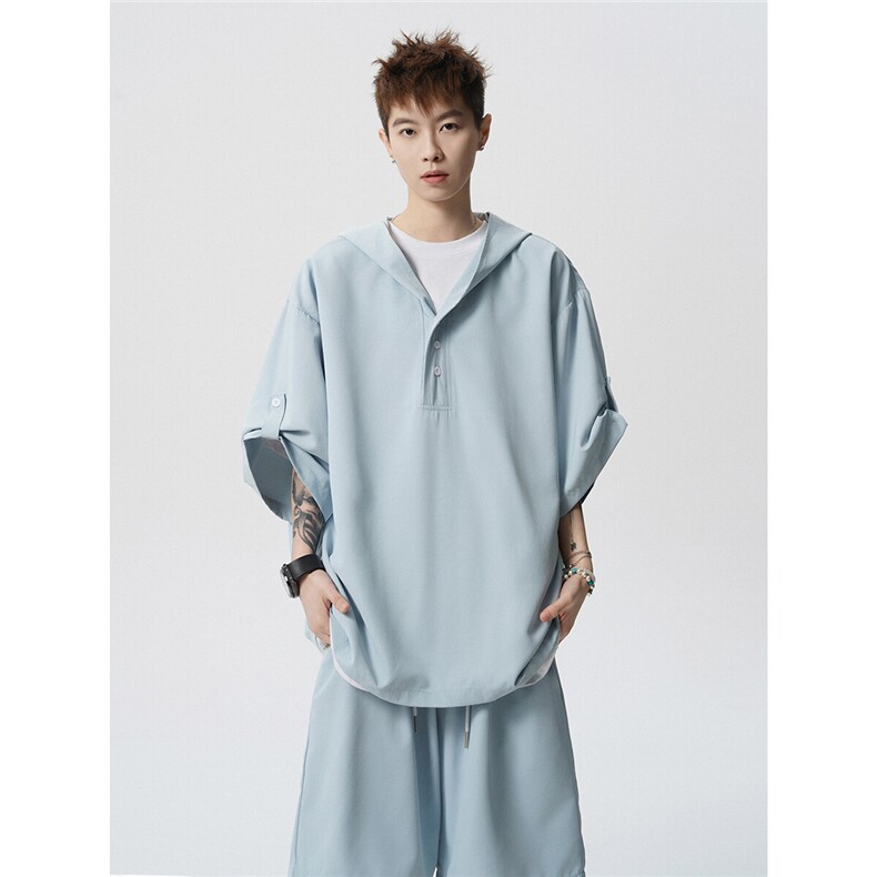 TZ25131-P52特控88大码冰丝连帽七分袖套装，男装休闲套装，电商D232