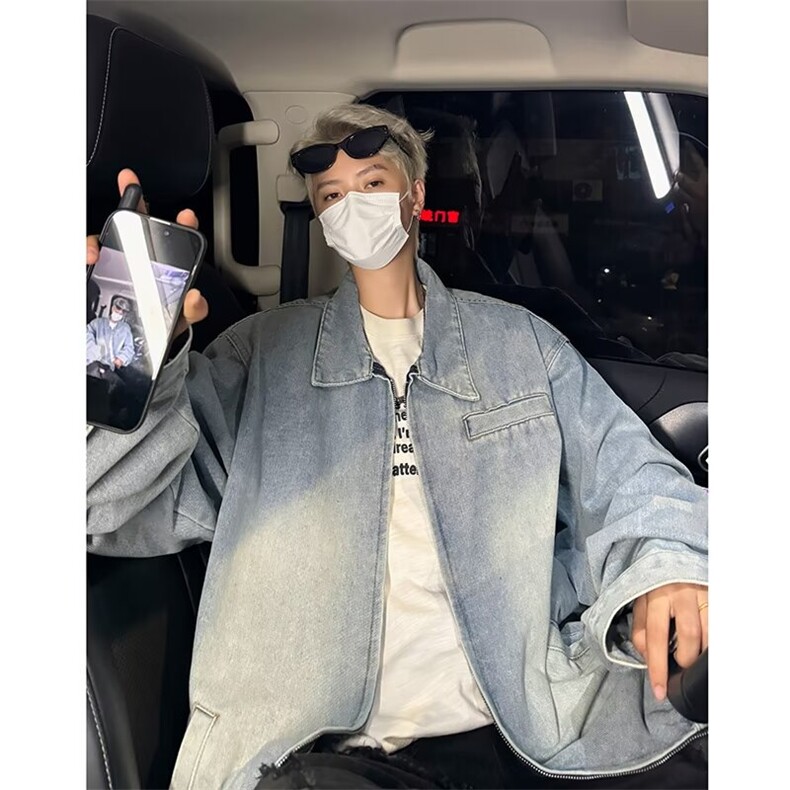 秋冬渐变水洗垫肩拉链美式复古夹克外套男牛仔衣 JK2192图片