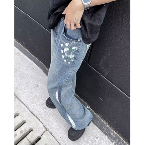 美式复古牛仔裤男设计感破洞宽松高街潮牌痞帅直筒裤子KU04/P50图片