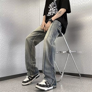 春款牛仔裤男欧美高街vibe裤子宽松直筒拉链开叉毛边微喇裤图片
