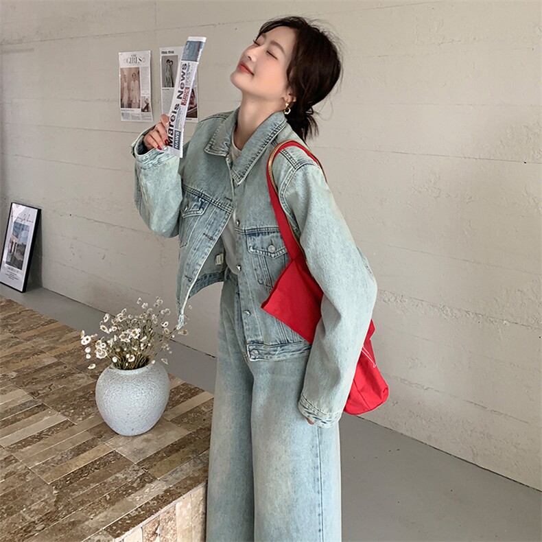 浅蓝色复古牛仔套装女2025春新款甜酷风时尚外套七分阔腿裤两件套,女装套装/套裙,浙宝305