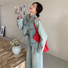 浅蓝色复古牛仔套装女2025春新款甜酷风时尚外套七分阔腿裤两件套，女装套装/套裙，浙宝305