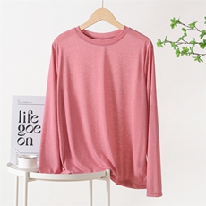 简约舒适休闲百搭莱赛尔天丝钉扣圆领打底衫长袖，女装蕾丝衫/雪纺衫，昭美羊绒