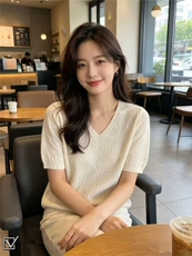 高级感V领莱赛尔天丝短袖针织衫女薄款宽松显瘦百搭T恤打底衫上衣，女装T恤，美轩羊绒