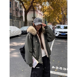 现货重磅boxy短款棉衣座山雕大毛毛领男女棉服水洗工装厚外套图片