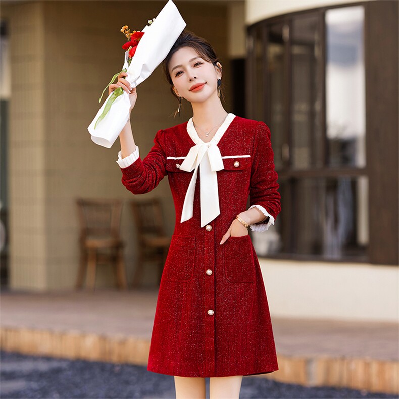 法式气质女春季长袖2025新款漂亮拼接收腰连衣裙显瘦，女装连衣裙，美静678