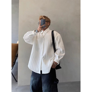 春夏款韩版时尚男士宽松纯色条纹网纱透视衬衫气质青年中性防晒衣图片