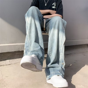 牛仔裤拼接侧排扣设计感休闲裤春季直筒宽松裤子男抽绳水洗 N785图片