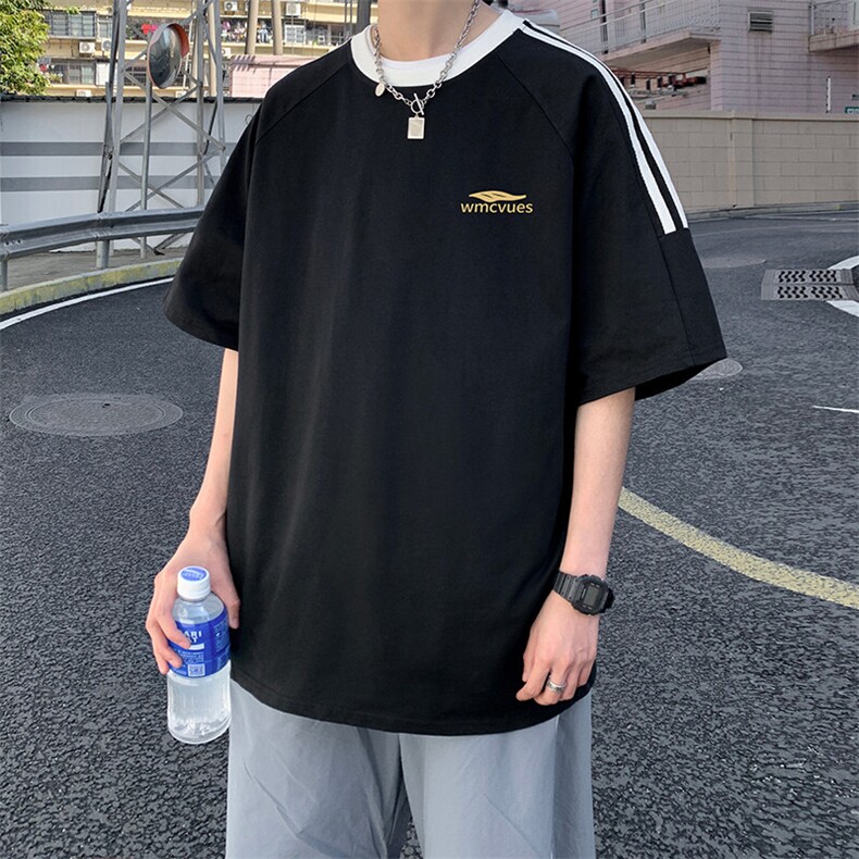 夏季美式高街重磅纯棉三条杠织带撞色男女短袖T恤ZD623-特P30,男装T恤,电商A486-1