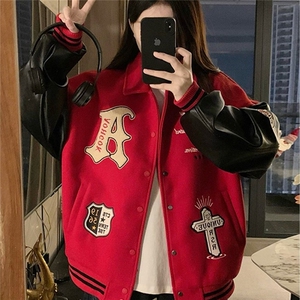 美式高街红色字母刺绣棒球服夹克男女秋冬季百搭重磅情侣外套