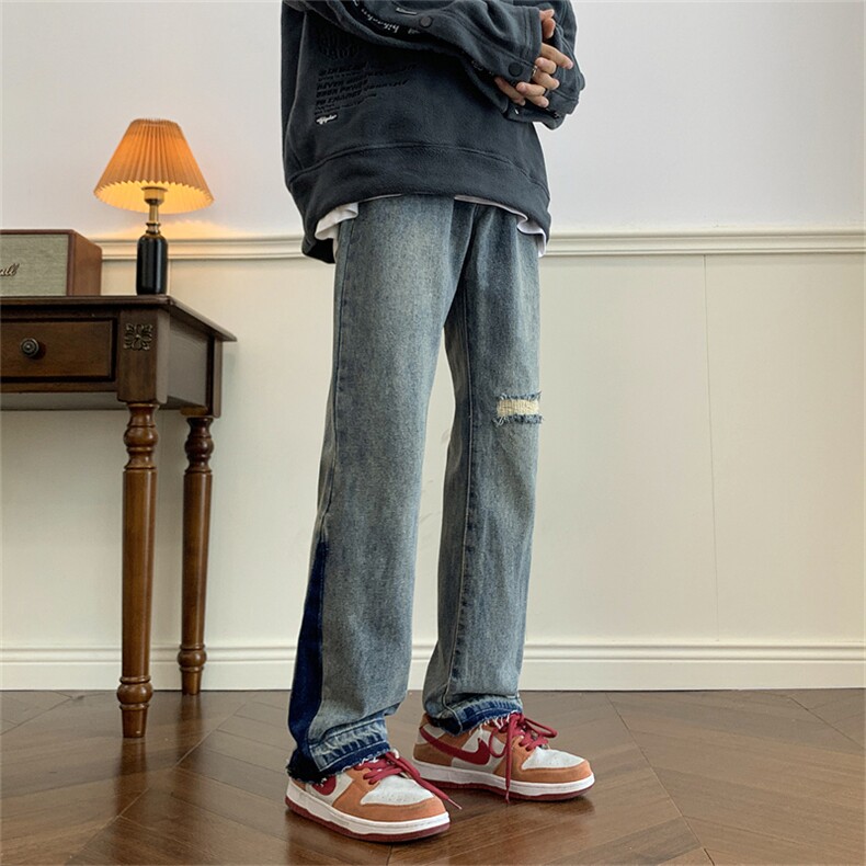 美式复古拼接牛仔裤高街潮牌直筒vibe风微喇叭裤子男N05059-P43,男装牛仔裤,星座308B-1