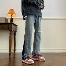 美式复古拼接牛仔裤高街潮牌直筒vibe风微喇叭裤子男N05059-P43，男装牛仔裤，星座308B-1