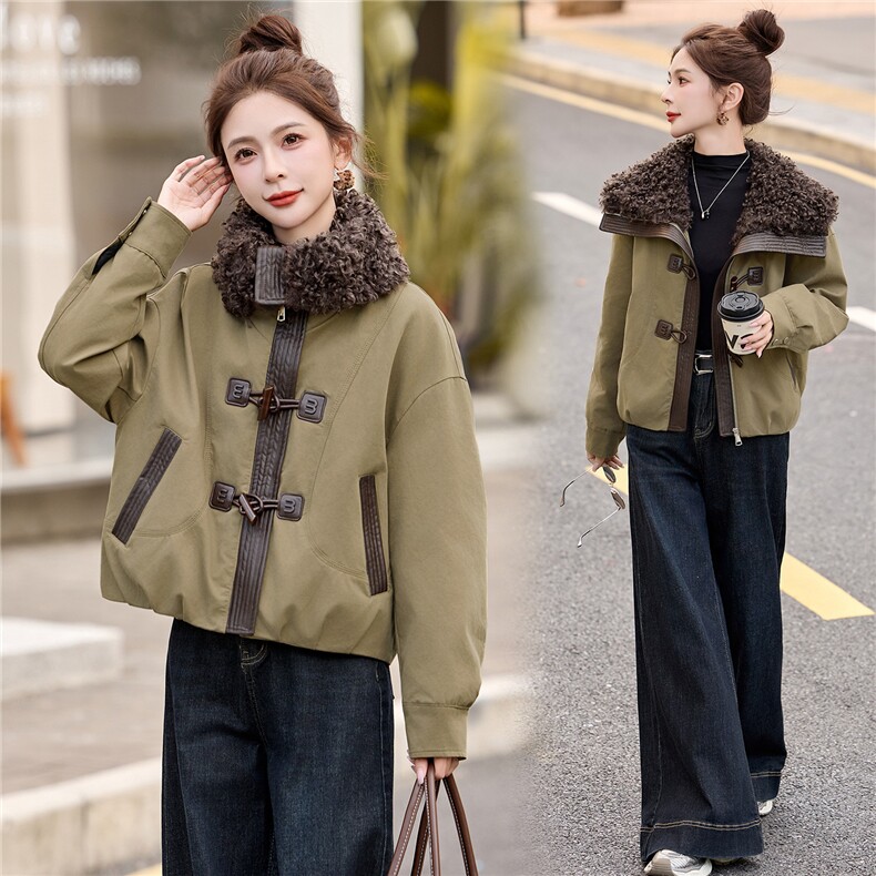 现货工装大翻领短款羽绒服女2026冬季新款加厚保暖派克服外套,女装羽绒服,美沁