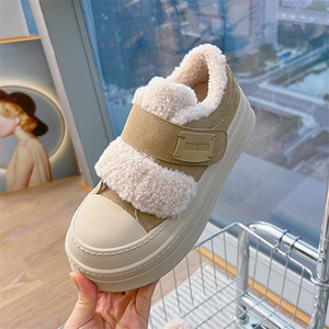 真皮魔术贴板鞋女2024冬季新款厚底加绒棉鞋休闲小白鞋百搭鞋子女图片