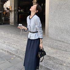 设计感时尚套装裙女2025年秋季新款毛边条纹上衣高腰半身裙两件套，女装套装/套裙，2C098