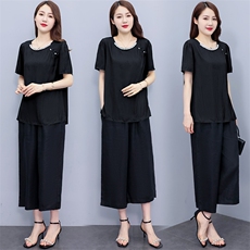 （现货）阔腿裤套装女2025夏季新款大码胖mm200斤中年妈妈两件套，女装套装/套裙，深妍伊美