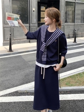 主推现货-2025年秋季新款宽松减龄条纹披肩卫衣套装裙女两件套，女装套装/套裙，霓裳依族