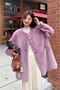 粉色仿貂绒皮毛一体外套女秋冬超火好看加绒加厚中长款羊羔毛大衣图片