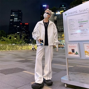 美式复古外套条纹设计感无性别休闲运动裤子潮帅气时髦炸街套装男图片