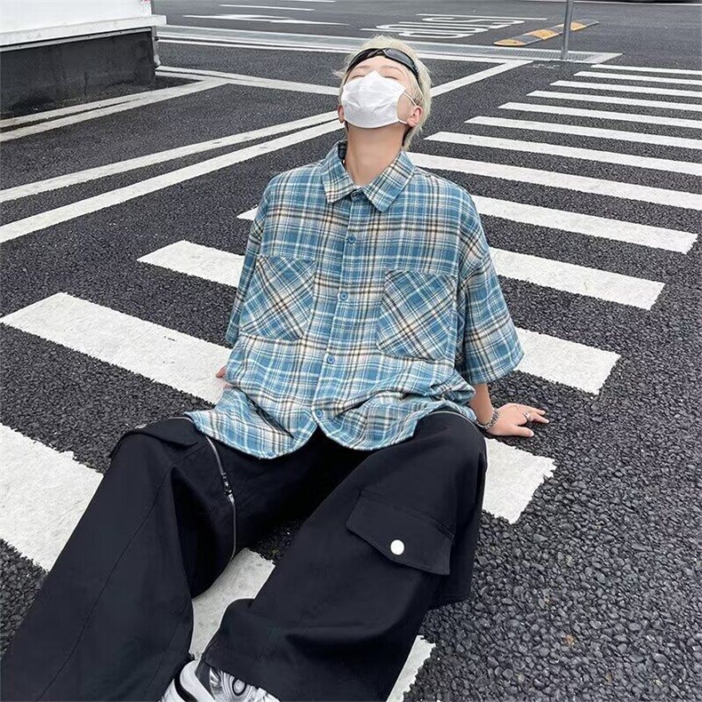 复古短袖衬衫男夏季新款港风宽松大码潮流休闲格子半袖衬衣服,男装衬衫,星座410-7