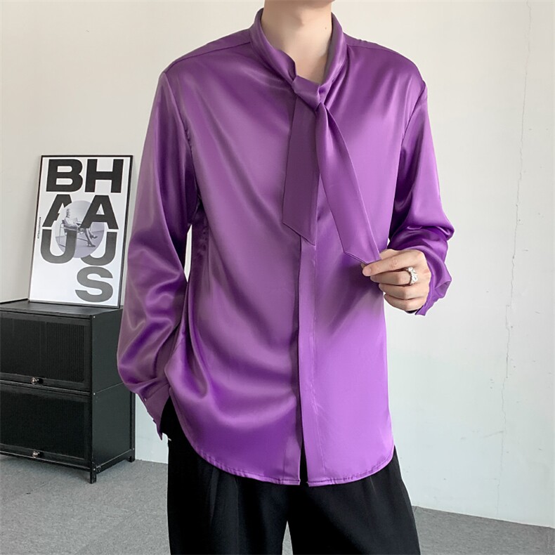 秋季2025紫色缎面衬衫个性设计痞帅垂感衬衫外套演出醋酸丝滑衬衣,男装衬衫,星座909