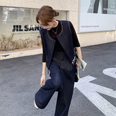 老钱风穿搭刺绣牛仔马甲套装女早秋2025新款休闲显瘦阔腿裤两件套，女装套装/套裙，2C028