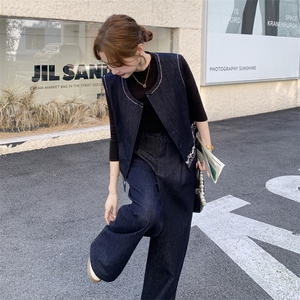 老钱风穿搭刺绣牛仔马甲套装女早秋2025新款休闲显瘦阔腿裤两件套图片