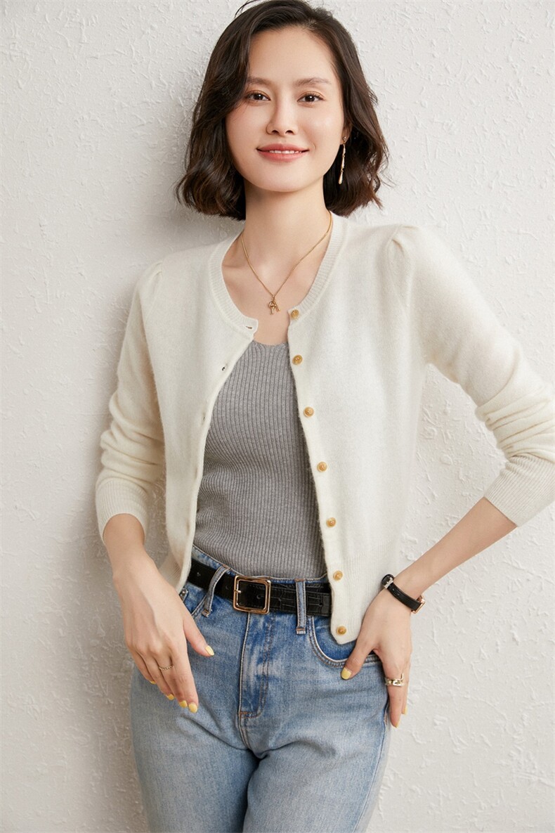 圆领短款纯色35%羊绒针织开衫女2024秋新款修身显瘦气质,女装羊绒衫,朵沐纯羊绒
