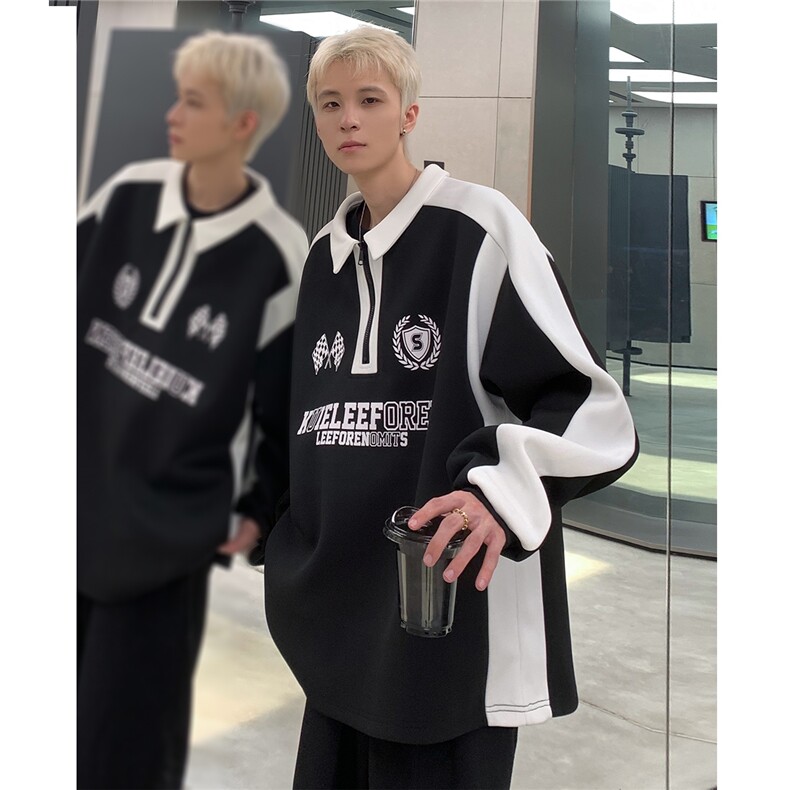 秋季新款美式重磅Polo卫衣男情侣长袖外套W83-P48图片
